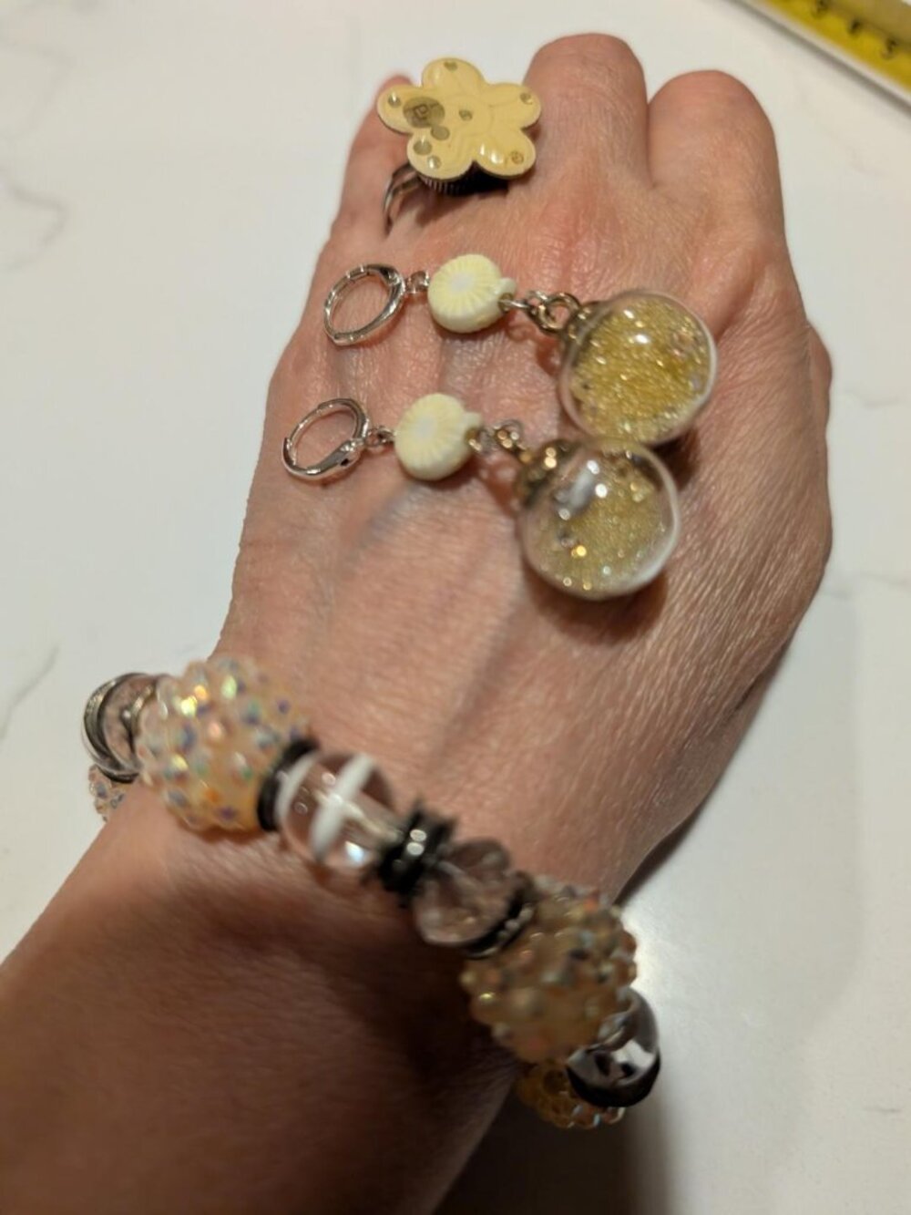 Jewelry Set: Murano Glass Bracelet, Adjustable Ring, Dangle Glass Earrings
